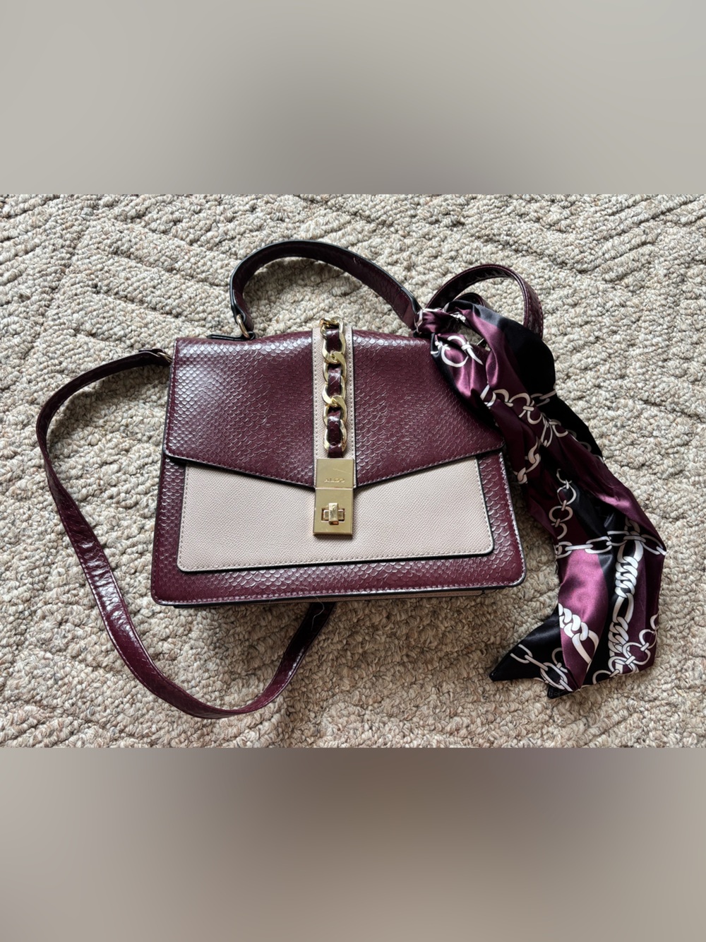 Aldo Burgundy and Cream Structured Top-Handle Satchel with Chain Detail